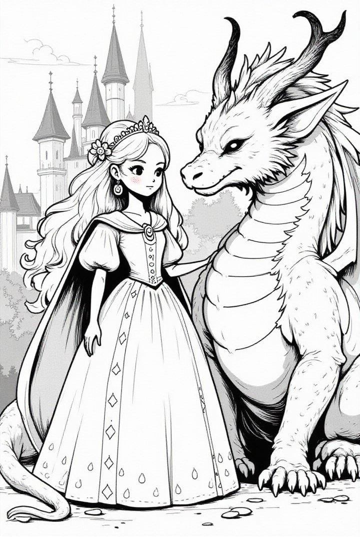 Malvorlage  tapfere Prinzessin mit ihrem Drachen